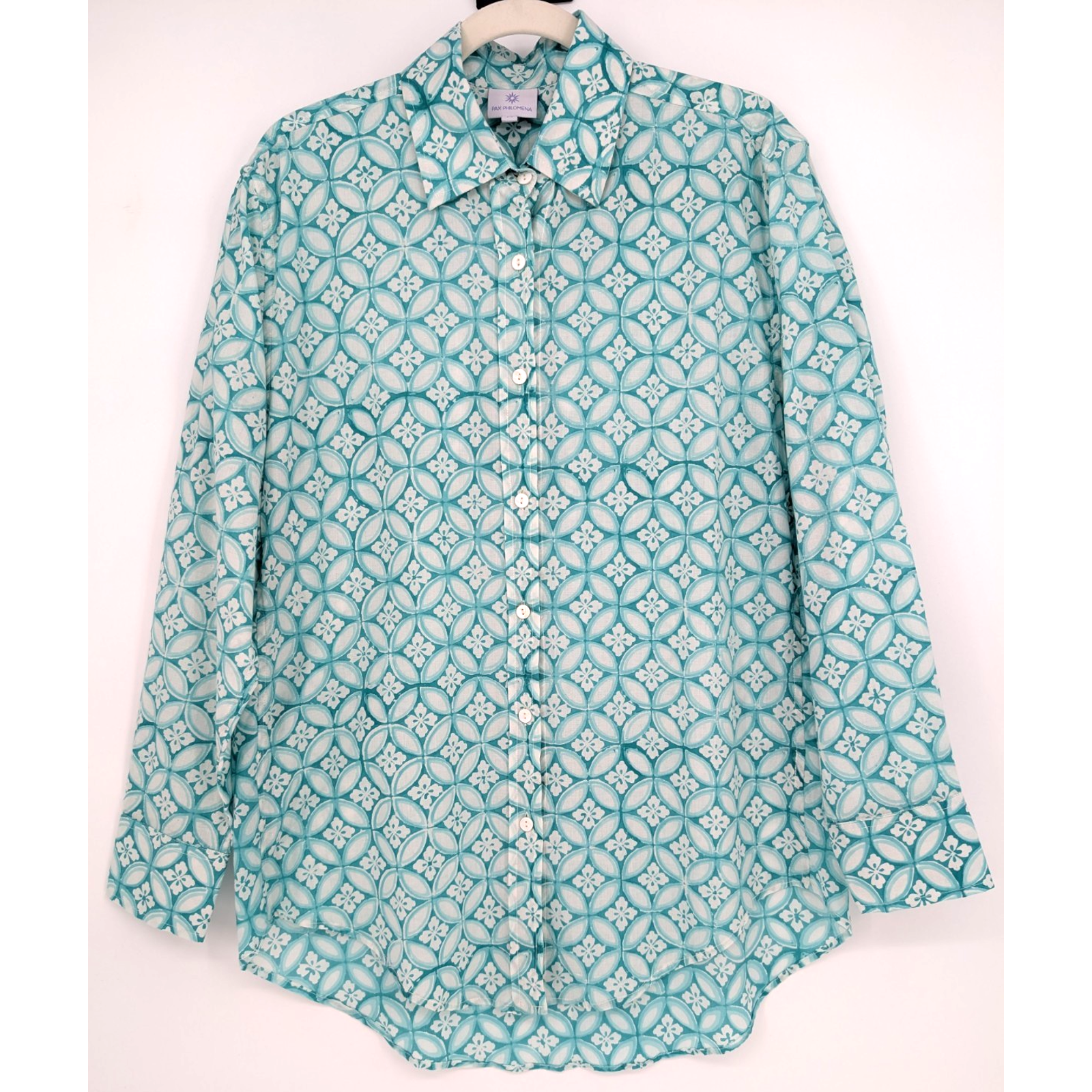 Pax Philomena Nina Aqua Floral Button Down Blouse Medium Boho Lagenlook Artsy — image 3 of 7